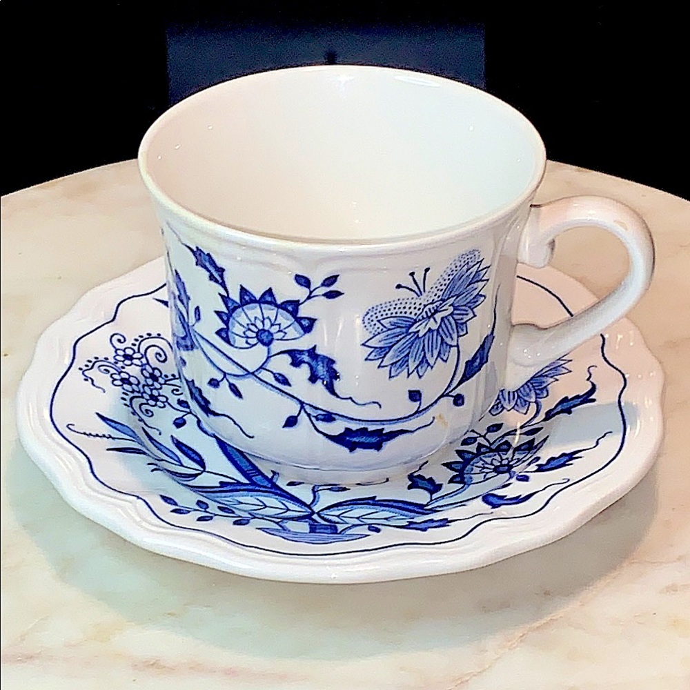 ORIENTAL BLUE ONION FLAT CUP& SAUCER SET BY SEARS VINTAGE IRONSTONE JAPAN